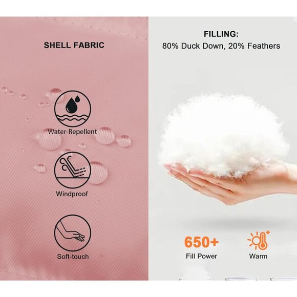 π Women Pink Down Puffer Jacket Warm Winter Coat Faux-Fur Collar Hooded Comfort - Picture 4 of 7